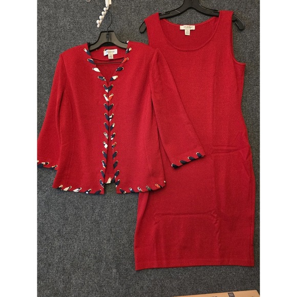 St. John Dress Jacket Set Womens 8 Red Wool Blend Knit Eyelet Trim 2 Piece